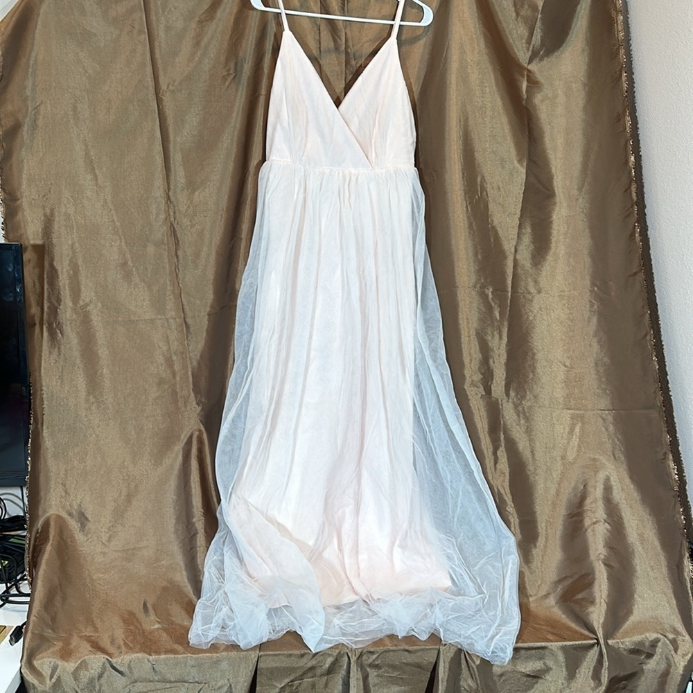 Florcoo Champagne Mesh V-Neck Evening Maxi Dress Spaghetti Strap NWT - Picture 2 of 5